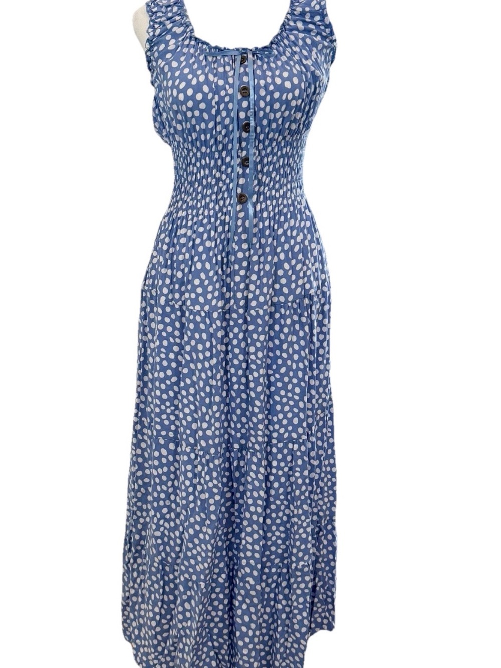 Blue White Polka Dot Boho MILKMAID Dress Peasant Sundress Smocked Maxi Dress S - Picture 2 of 10